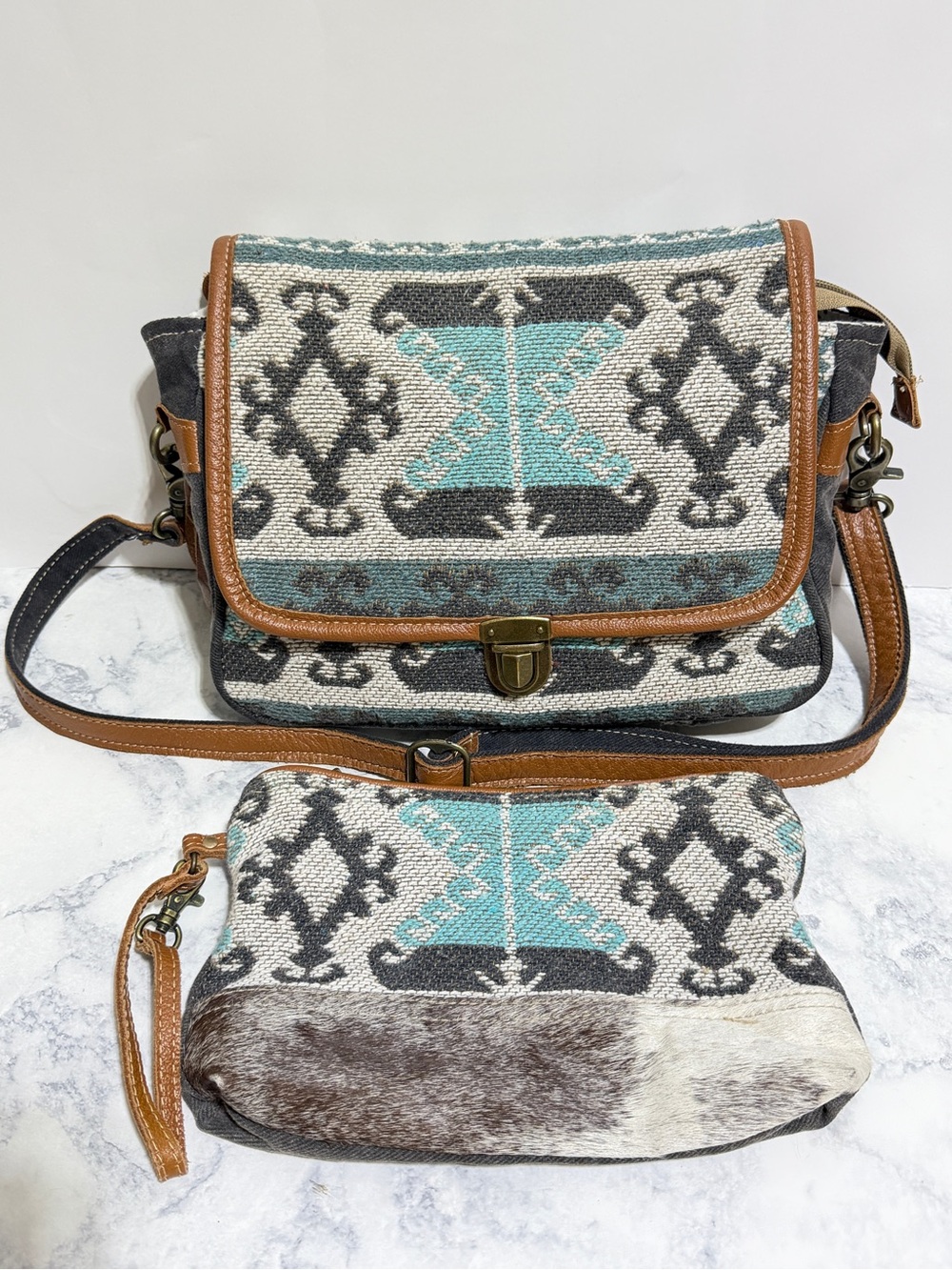 Myra Bag Isabela Eve western Canvas leather teal gray crossbody and wristlet Bag